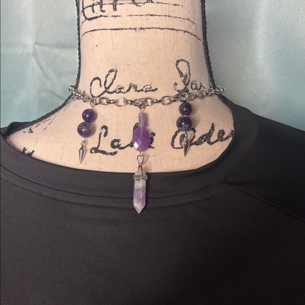 Vertebral Spike Amethyst Beaded Choker or Waist Chain Statement Metallic Goth - Picture 2 of 7
